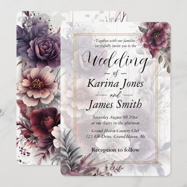 Elegant purple, pink, and maroon floral Wedding  Invitation (Front/Back)