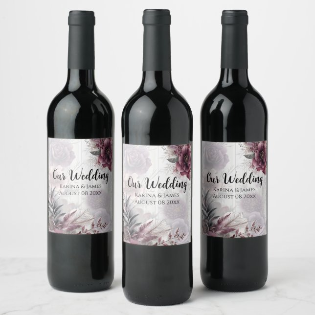 Elegant purple, pink, and maroon floral  wine label (Bottles)
