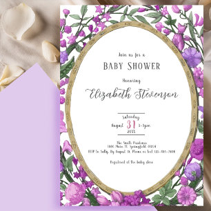 Elegant Purple Pink Botanical Floral Baby Shower Invitation