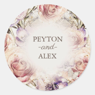 Elegant Purple Pink Cream Floral Butterflies Names Classic Round Sticker