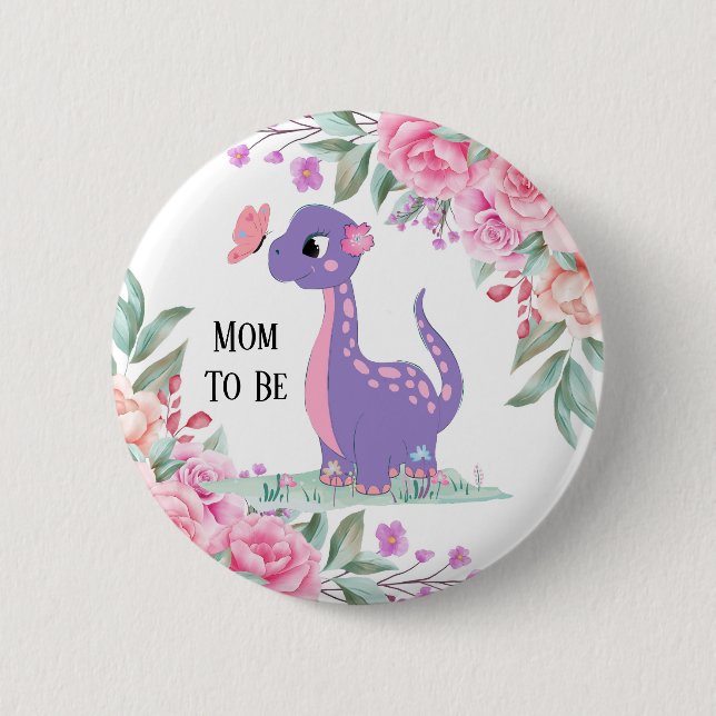 Elegant Purple Pink Dinosaur Butterfly Baby Shower 6 Cm Round Badge (Front)