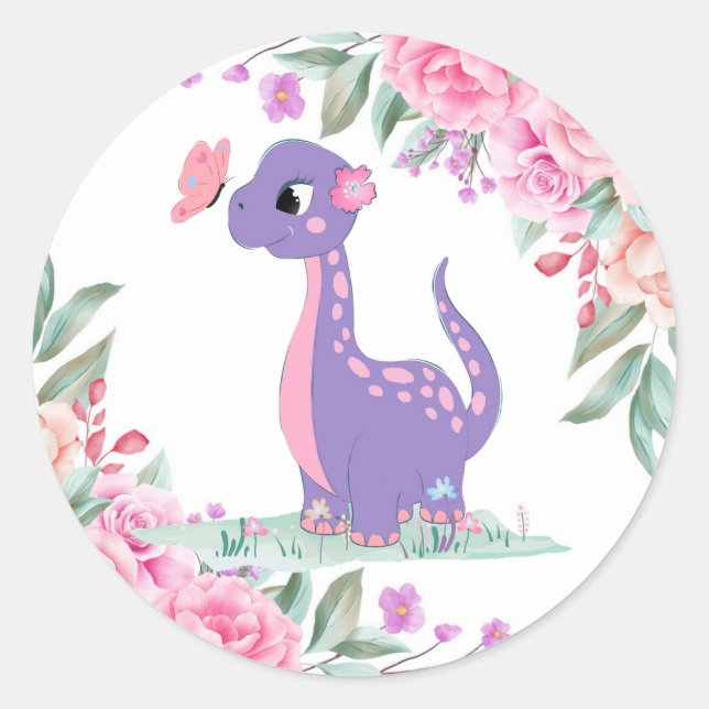 Elegant Purple Pink Dinosaur Butterfly Baby Shower Classic Round Sticker (Front)