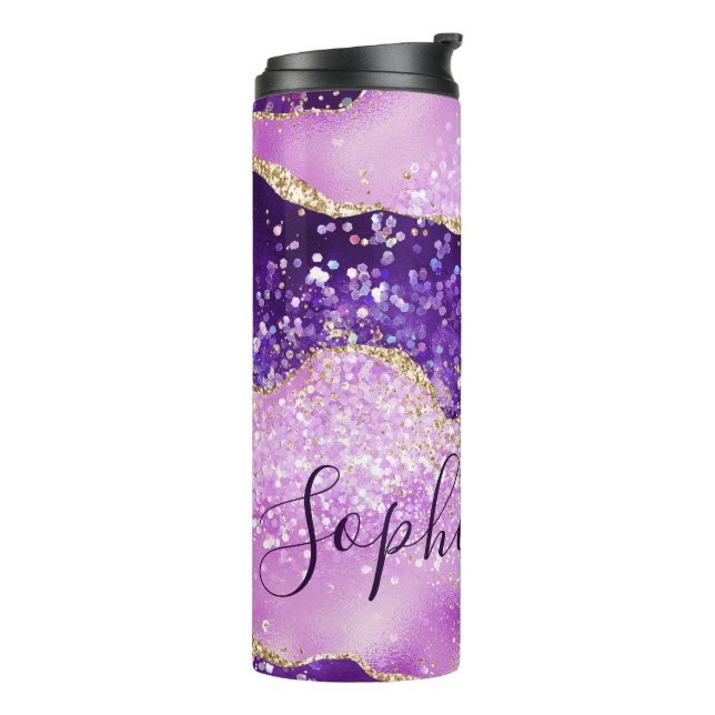 Elegant Purple & Pink & Faux Gold Glitter Agate Thermal Tumbler (Rotated Left)