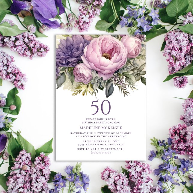 Elegant Purple Pink Floral 50th Birthday Invitation (Purple peonies 50th birthday party invitation for women
)