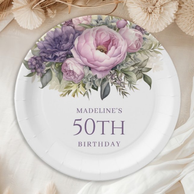 Elegant Purple Pink Floral 50th Birthday Paper Plate (Elegant purple watercolor floral 50th birthday party paper plates)