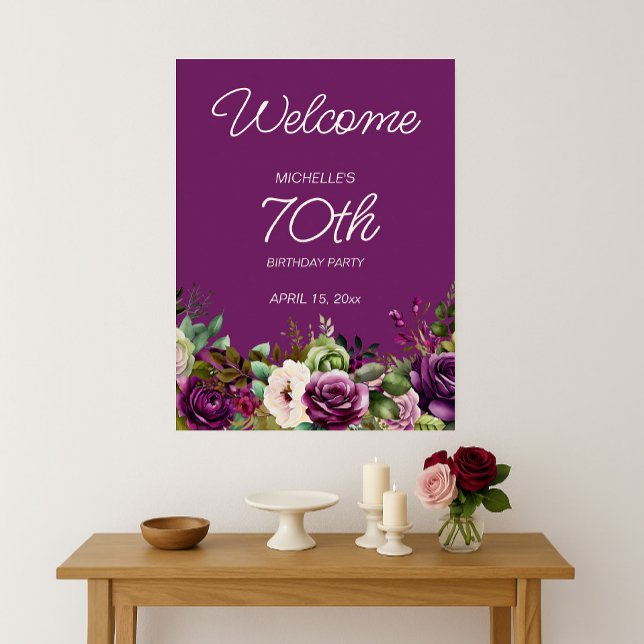 Elegant Purple Pink Floral 70th Birthday Poster (Elegant purple and pink watercolor floral 70th birthday party Welcome poster)