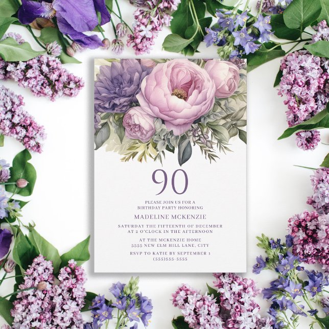 Elegant Purple Pink Floral 90th Birthday Invitation (Purple floral 90th birthday party invitation)