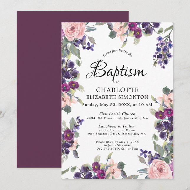 Elegant Purple Pink Floral Baptism Invitation (Front/Back)