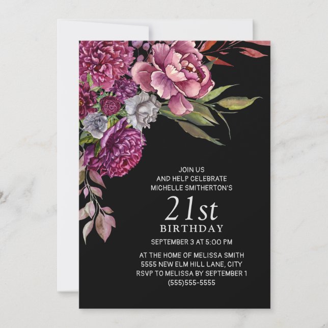 Elegant Purple Pink Floral Black 21st Birthday Invitation (Front)
