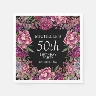 Elegant Purple Pink Floral Black 50th Birthday Napkin