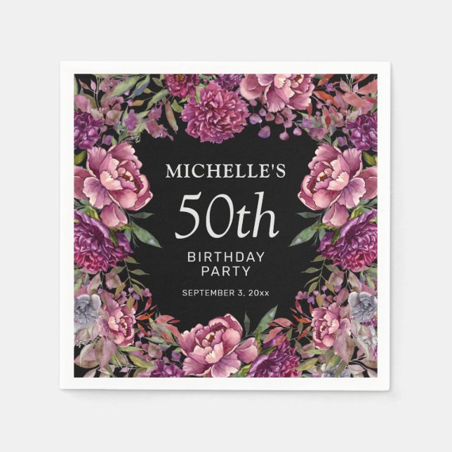 Elegant Purple Pink Floral Black 50th Birthday  Napkin (Front)