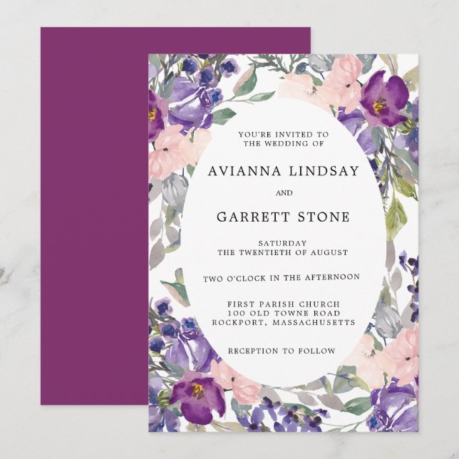 Elegant Purple Pink Floral Botanical Wedding Invitation (Front/Back)