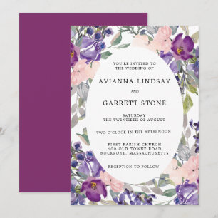 Elegant Purple Pink Floral Botanical Wedding Invitation