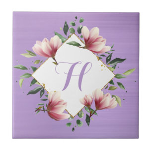 Elegant Purple Pink Floral Flower Monogram Initial Tile