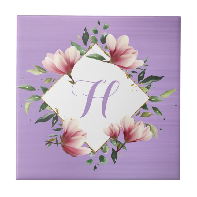 Elegant Purple Pink Floral Flower Monogram Initial Tile (Front)