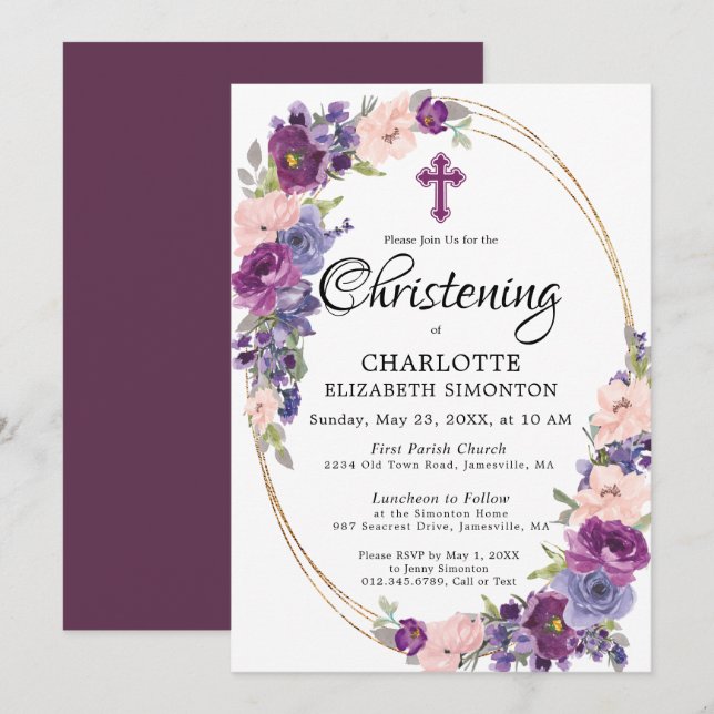 Elegant Purple Pink Floral Gold Frame Christening Invitation (Front/Back)