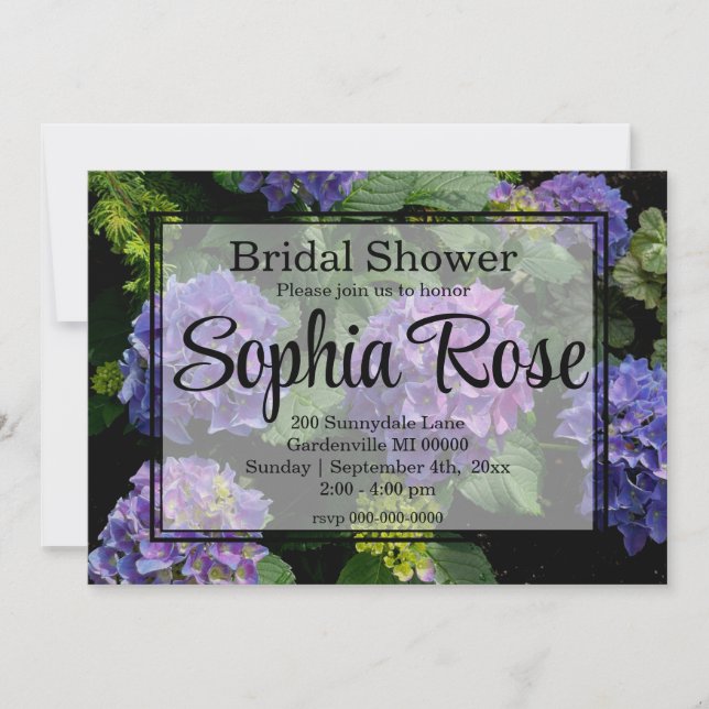 Elegant purple pink floral hydrangea bridal shower invitation (Front)