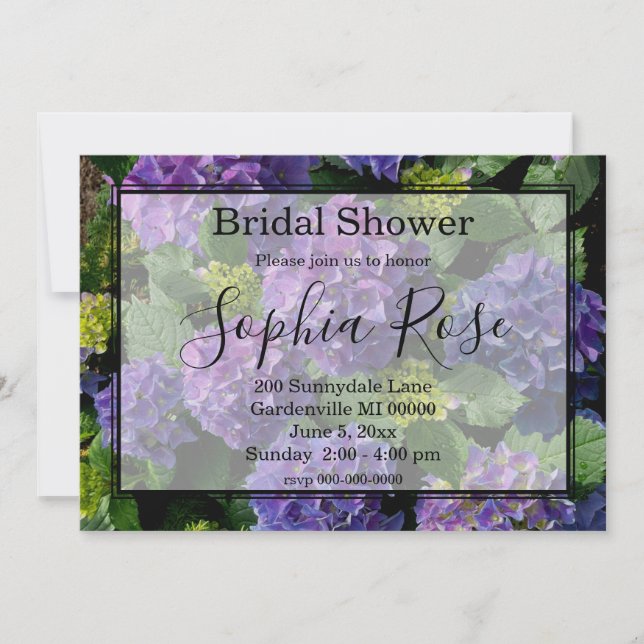 Elegant purple pink floral hydrangea bridal shower invitation (Front)