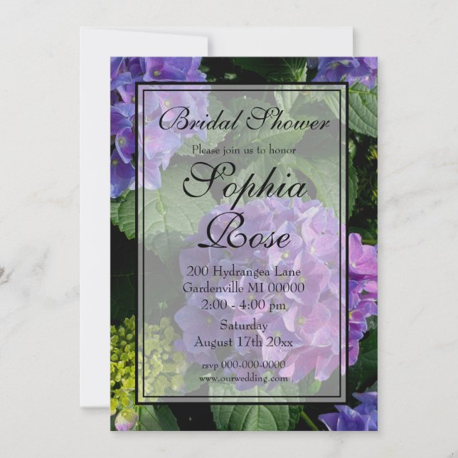 Elegant purple pink floral hydrangea bridal shower invitation (Front)