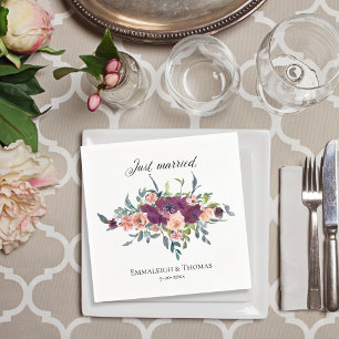 Elegant Purple Pink Floral Just Married Wedding Napkin