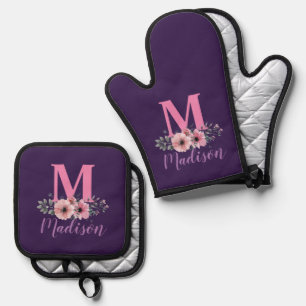 Elegant Purple Pink Floral Monogram Initials Oven Mitt & Pot Holder Set