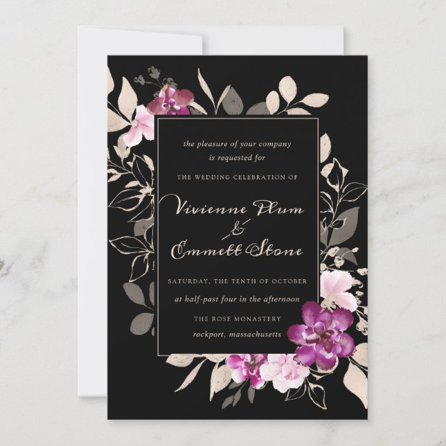 Elegant Purple Pink Floral on Black Wedding Invitation (Front)
