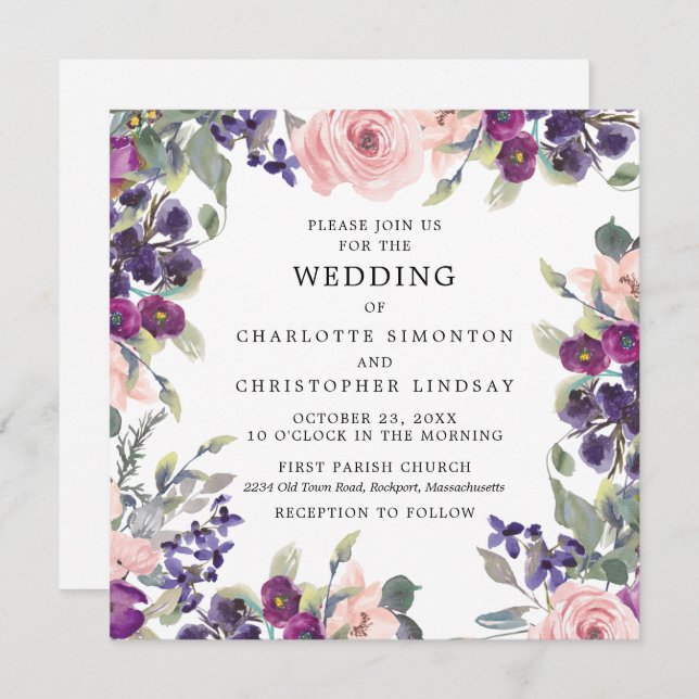 Elegant Purple Pink Floral Square Wedding Invitation (Front/Back)