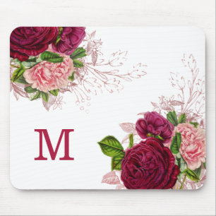Elegant Purple Pink Floral White Monogram Mouse Mat