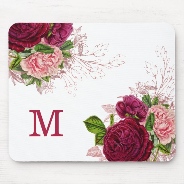 Elegant Purple Pink Floral White Monogram Mouse Mat (Front)