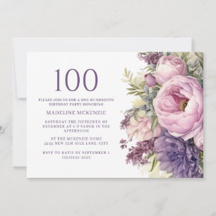 Elegant Purple Pink Flowers 100th Birthday Invitation