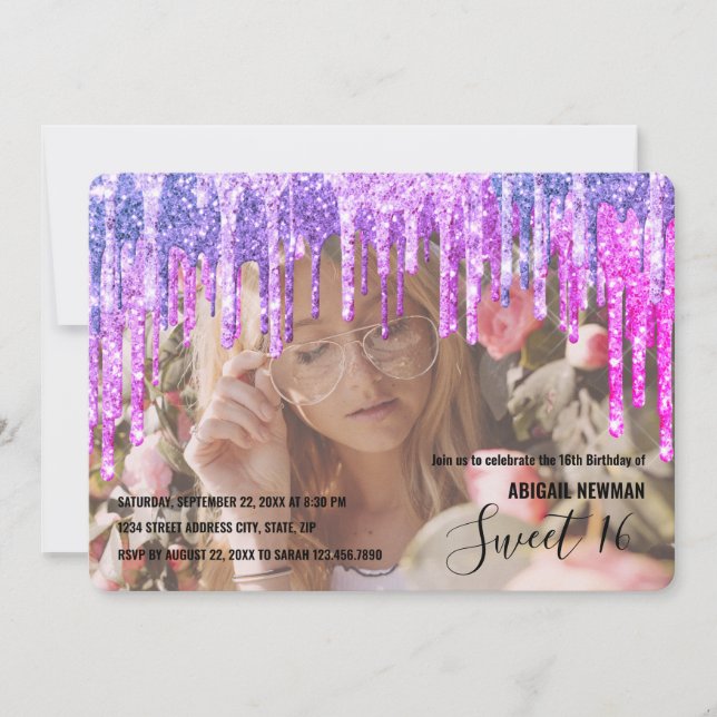Elegant purple & pink glitter drips sweet sixteen invitation (Front)