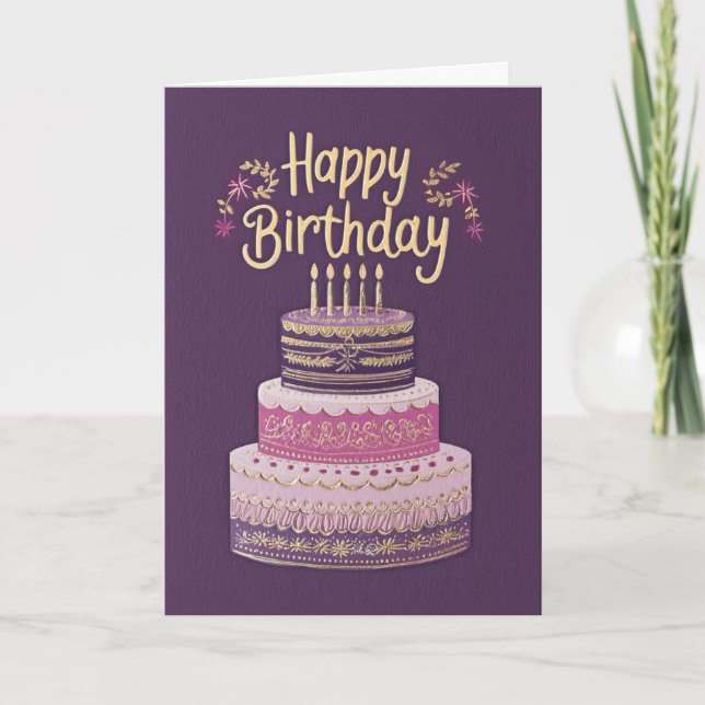 Elegant Purple, Pink & Gold Birthday Cake Card (Front)