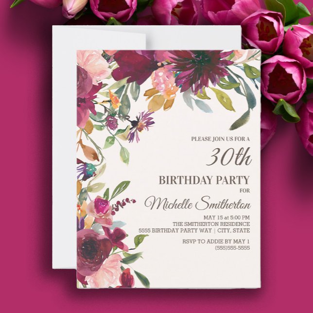 Elegant Purple Pink Gold Floral 30TH Birthday Invitation (Burgundy and pink watercolor floral 30th birthday party invitation)