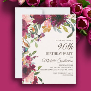 Elegant Purple Pink Gold Floral 90th Birthday Invitation