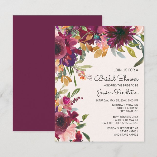 Elegant Purple Pink Gold Floral  Bridal Shower Invitation (Front/Back)