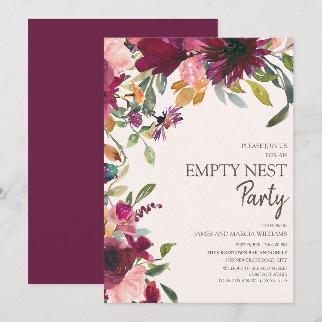Elegant Purple Pink Gold Floral Empty Nest Party Invitation (Front/Back)