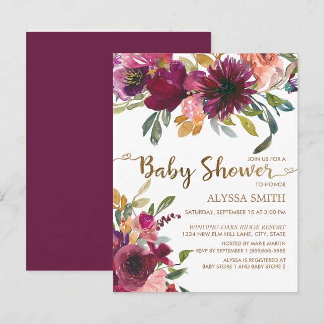 Elegant Purple Pink Gold Floral Script Baby Shower Invitation (Front/Back)