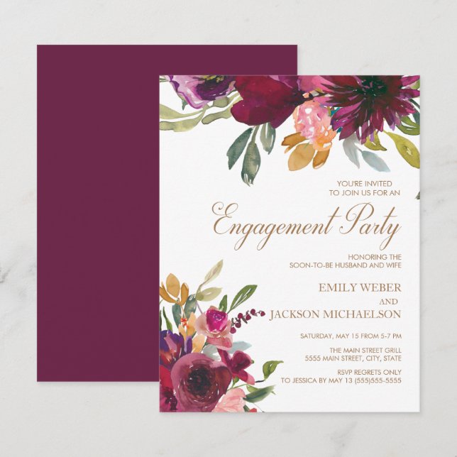 Elegant Purple Pink Gold Floral Script Engagement Invitation (Front/Back)