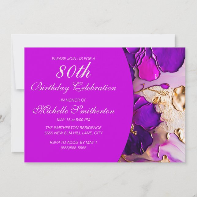 Elegant Purple Pink Gold Flowers 80th Birthday Invitation (Front)