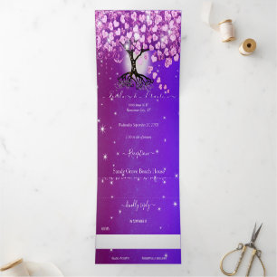 Elegant Purple Pink Heart Leaf Tree Wedding Tri-Fold Invitation