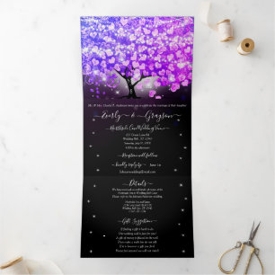 Elegant Purple Pink Heart Leaf Tree Wedding Tri-Fold Invitation