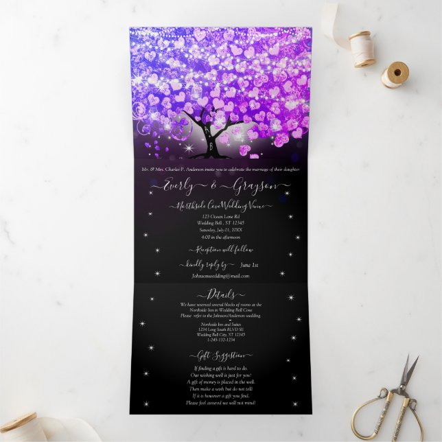 Elegant Purple Pink Heart Leaf Tree Wedding Tri-Fold Invitation (Inside)