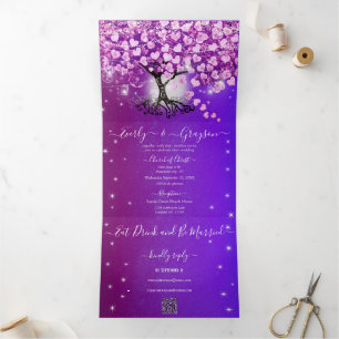 Elegant Purple Pink Heart Leaf Tree Wedding Tri-Fold Invitation