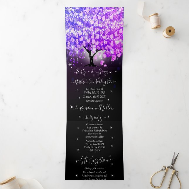 Elegant Purple Pink Heart Leaf Tree Wedding Tri-Fold Invitation (Inside)