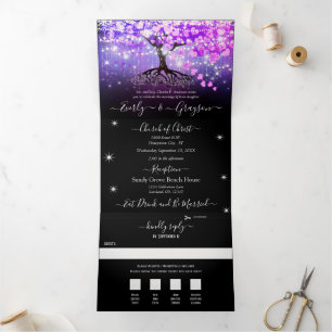Elegant Purple Pink Heart Leaf  Tree Wedding Tri-Fold Invitation