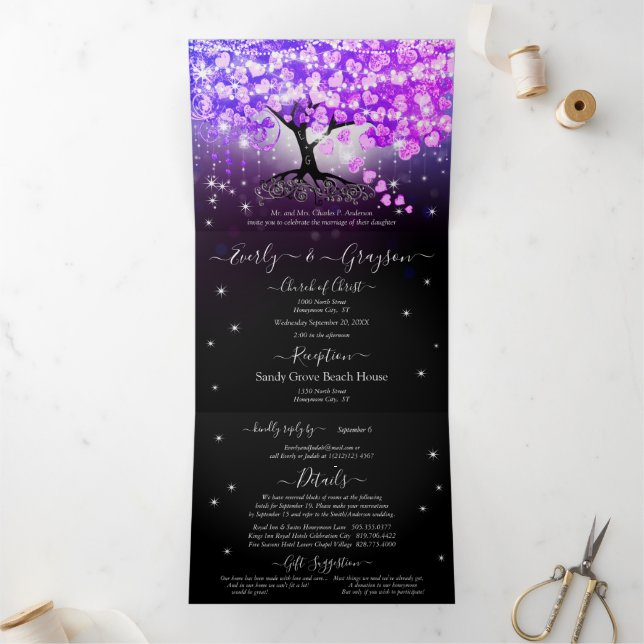 Elegant Purple Pink Heart Leaf Wedding Tri-Fold Invitation (Inside)