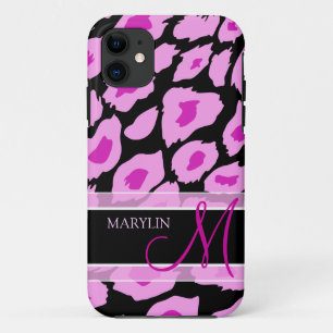 Elegant Purple & Pink Leopard spots with monogram iPhone 11 Case
