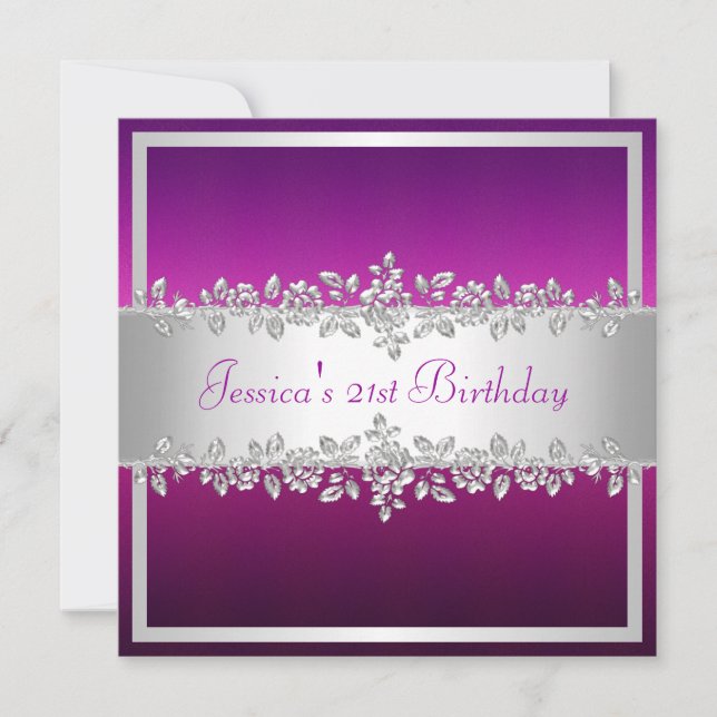 Elegant Purple Pink Silver Roses Birthday Party Invitation (Front)