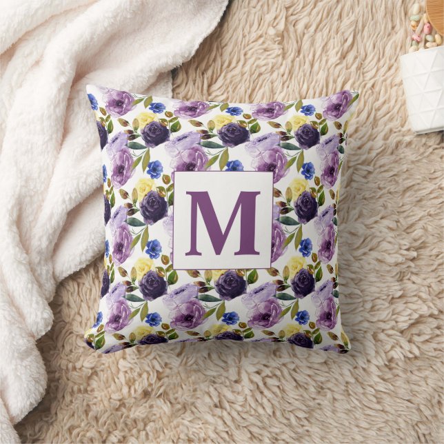 Elegant Purple Pink Watercolor Floral Monogram Cushion (Blanket)