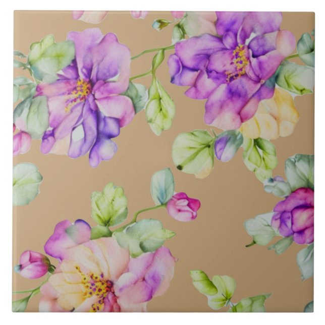 Elegant purple pink watercolor florals tile (Front)